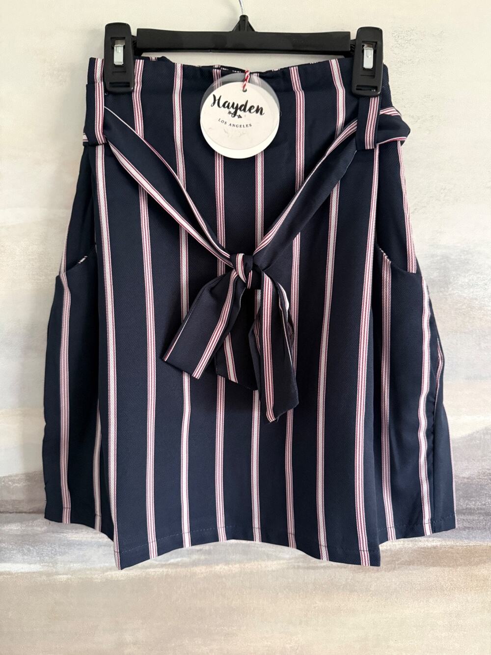 Hayden Los Angeles Navy Striped Skirt High Waisted Front Bow Belt - Medium